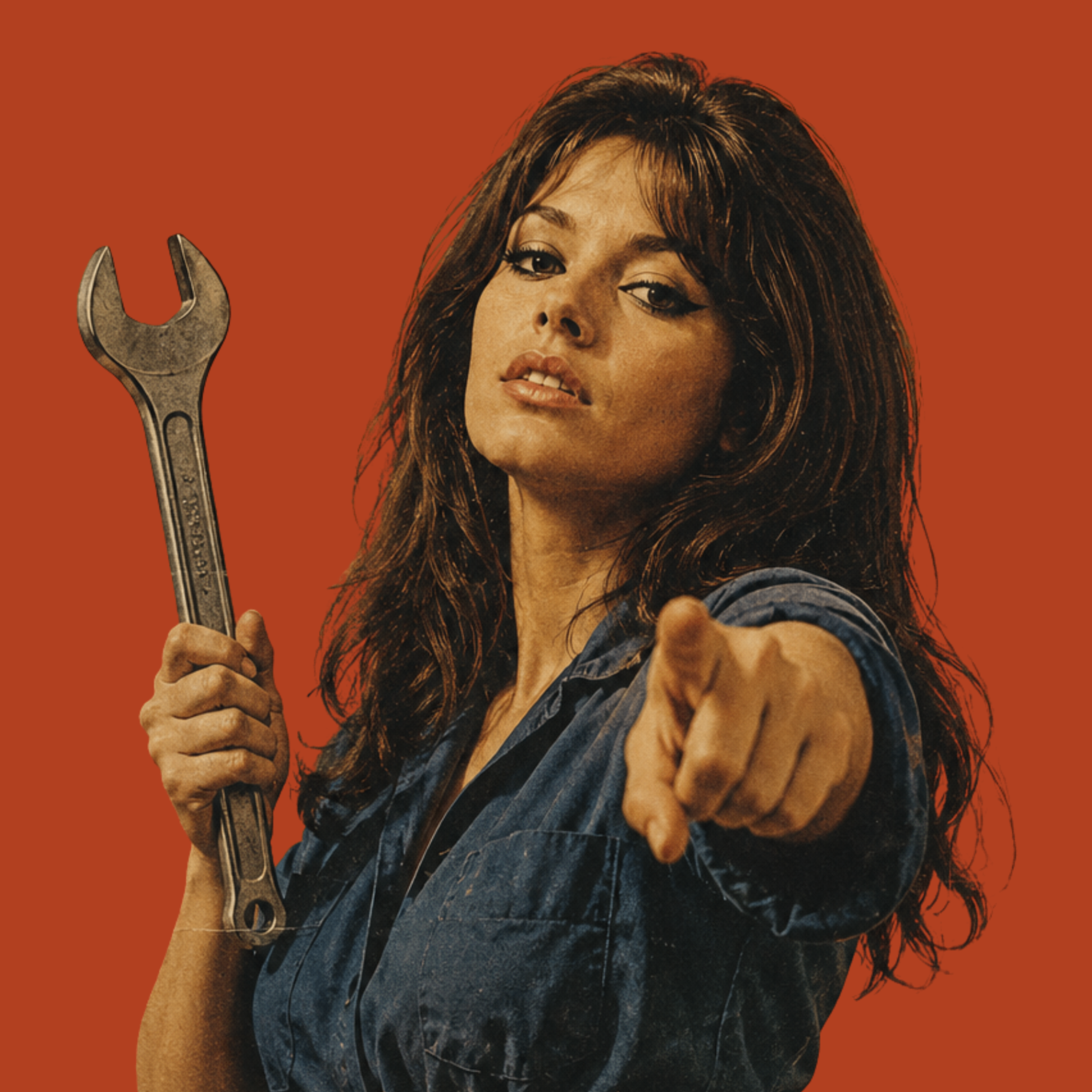 Zita, the workshop boss, pointing with a wrench in hand